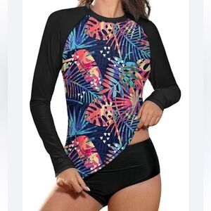 BesserBay Women's 2XL Rash Guard Top Tropical Hawaiian Print Long Sleeve